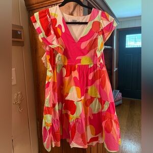 CROSBY by Mollie Burch Pink Multicolor V-Neck Tiered Flutter Dress